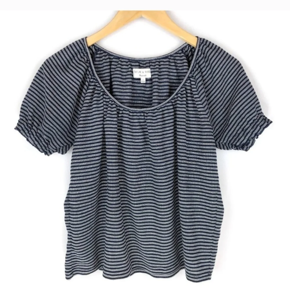 Madewell NWT Blue White Striped Smocked Neck Puff Sleeve Casual Coastal Top Med.